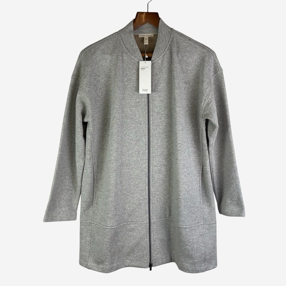 Eileen Fisher Brushed Cotton Terry Long Flight Jacket Size S Small Full Zip Gray - Picture 3 of 15